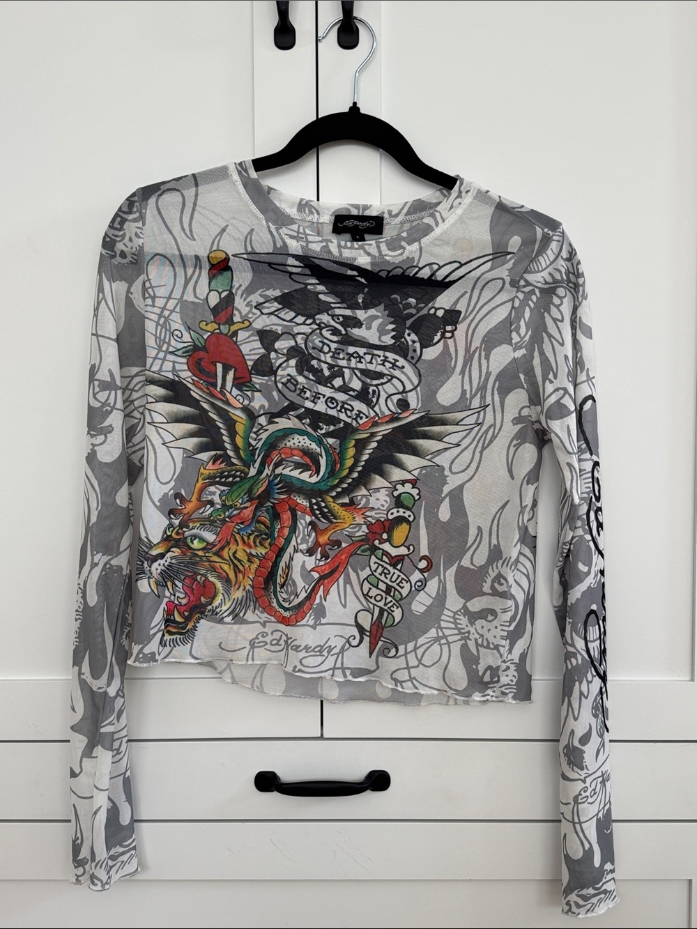 Ed Hardy Gray Mesh Long Sleeve Top with Multicolor Tattoo Graphic